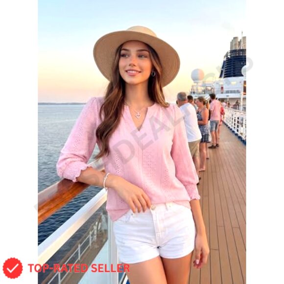 V-Neck Hollow Out Blouse 3/4 Sleeve Business Casual T-Shirt Elegant Chic - Picture 4 of 7